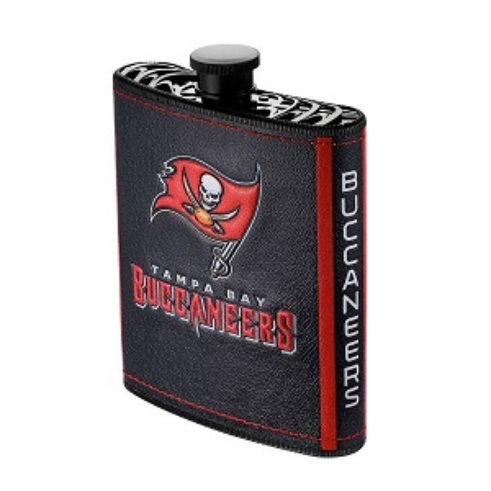 🏈 NEW! TAMPA BAY BUCCANEERS FLASK WITH FUNNEL INCLUDED-PLASTIC- PU LEATHER WRAP